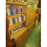 OAK EFFECT OFFICE UNIT WITH TWO DOORS, CHEST OF FOUR DRAWERS WITH COMBINATION LOCK, AND BOOKCASE