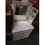 CREAM MELAMINE THREE DRAWER BEDSIDE AND A THREE PART DRESSING TABLE MIRROR