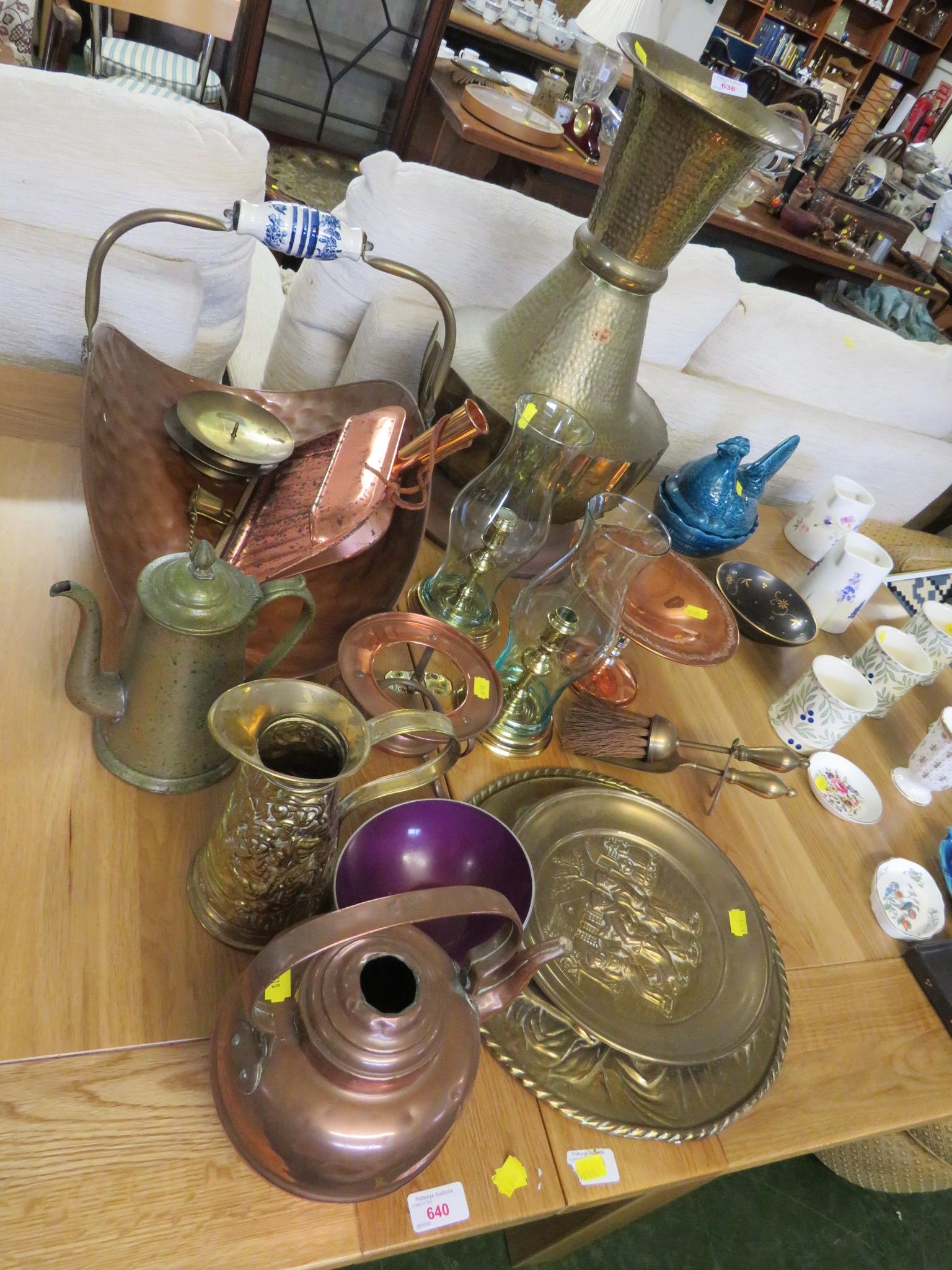 LARGE PLANISHED BRASS VASE, COPPER COAL BASKET, KETTLE, TWO CANDLE LAMPS AND OTHER METALWARE