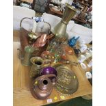 LARGE PLANISHED BRASS VASE, COPPER COAL BASKET, KETTLE, TWO CANDLE LAMPS AND OTHER METALWARE