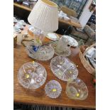 CUT GLASS TABLE LAMP WITH CREAM SHADE, CUT GLASS SERVING BOWLS, MOULDED GLASS ITEMS ETC