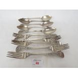 FIVE 830S WHITE METAL TABLESPOONS WITH ENGRAVED INITIAL 'S' (COMBINED 5.9 OZT) AND FIVE FORKS (