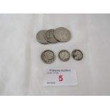 GEORGE III SILVER SIXPENCE, VICTORIAN THREE PENCE 1897, GEORGE V THREE PENCE 1918; AND 1989 AND 1993