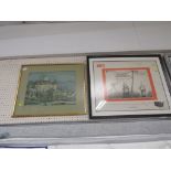 FRAMED AND GLAZED LANDSCAPE PRINT AND A FRAMED SIGNED CORPORATE WITNESS SATIRICAL PRINT