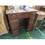 19TH CENTURY LADIES MAHOGANY KNEEHOLE DESK WITH SEVEN DRAWERS AND CUPBOARD, BRASS GALLERIED TOP