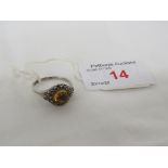 WHITE METAL RING SET WITH AMBER AND MARCASITES, STAMPED 800 KV