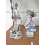 NAO FIGURE OF GIRL IN BONNET WITH BAG AND A LLADRO FIGURE OF BOY READING WITH TWO LAMBS