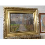OIL ON CANVAS OF COUNTRY ROAD WITH SILVER BIRCH TREES, SIGNED LOWER RIGHT, IN A DECORATIVE GILT