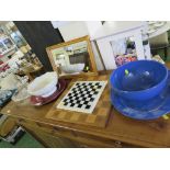 SMALL WALL MIRROR, TWO CHESSBOARDS, CERAMIC DISHES, GLASS TWO TIER CAKE STAND ETC