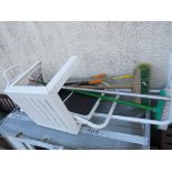 FOLDING STEPS, BED RAIL, HAND TOOLS AND A PLASTIC TABLE