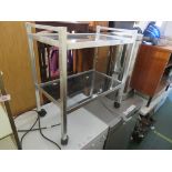 METAL FRAMED TEA TROLLEY WITH GLASS SHELVES, TOGETHER WITH A CHROMIUM PEDAL BIN