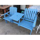 BLUE PAINTED WOODEN GARDEN TWIN SEAT WITH CENTRAL TABLE