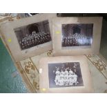THREE EDWARDIAN MOUNTED BLACK AND WHITE PHOTOGRAPHS OF SPORTING TEAM AND COLLEGIATE GROUPS