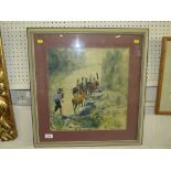 FRAMED AND GLAZED WATERCOLOUR OF MAN HERDING LLAMAS, SIGNED MHIRE BARRIENTOS LOWER RIGHT (SEE ALSO