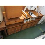 TEAK LOW LOUNGE UNIT WITH OPEN RECESS AND CUPBOARD, TOGETHER WITH MATCHING SMALLER UNIT WITH