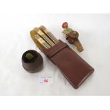 THREE ALVARO CIGARS IN LEATHER POUCH, MINIATURE WOODEN BARREL WITH HMS GANGES PLAQUE AND A PAINTED