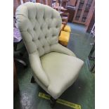 STUART JONES BUTTON BACKED BEDROOM CHAIR IN PALE GREEN UPHOLSTERY