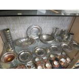 SHELF OF SCANDANAVIAN PEWTER PLATES, BOWLS, VASE, EWER, TANKARD ETC