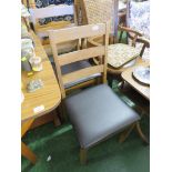 PAIR OF MID WOOD FRAMED LADDER BACKED DINING CHAIRS WITH LEATHERETTE SEATS