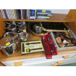 STAINLESS STEEL JUGS AND TEAPOTS, BOXED BOTTLE OPENER SET AND ASSORTED CUTLERY ETC