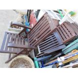 PAIR OF HARDWOOD FOLDING GARDEN ARMCHAIRS AND THREE FOLDING WOODEN GARDEN CHAIRS