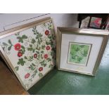 TWO FRAMED NEEDLEWORKS OF FLOWERS AND TWO FRAMED PRINTS OF FLOWERS