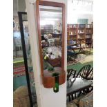 TEAK FRAMED RECTANGULAR WALL MIRROR WITH FITTED GREEN GLASS VASE
