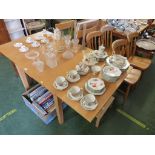 RECTANGULAR LIGHT WOOD VENEER EXTENDING DINING TABLE AND TWO DINING CHAIRS WITH UPHOLSTERED SEATS