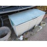 PLASTIC GARDEN STORAGE BOX AND A FOLDING METAL LOUNGER WITH CUSHION (A/F)