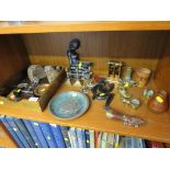 PAIR OF STONE BOOK ENDS, BRASS ORNAMENTS, CARVED WOODEN TRIBAL STYLE FIGURES, CORKSCREW AND OTHER