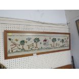 FRAMED AND GLAZED NEEDLEWORK PANEL DEPICTING STAGS, TREES, BIRDS ETC