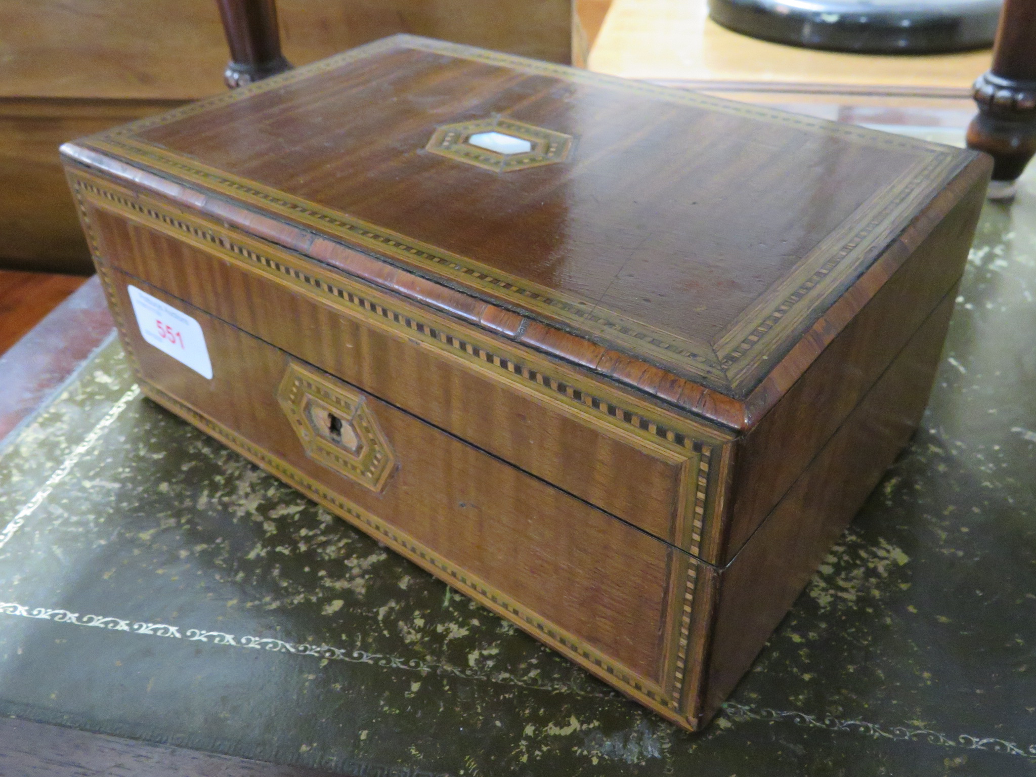 MOTHER OF PEARL INLAID MAHOGANY JEWELLERY BOX (A/F)