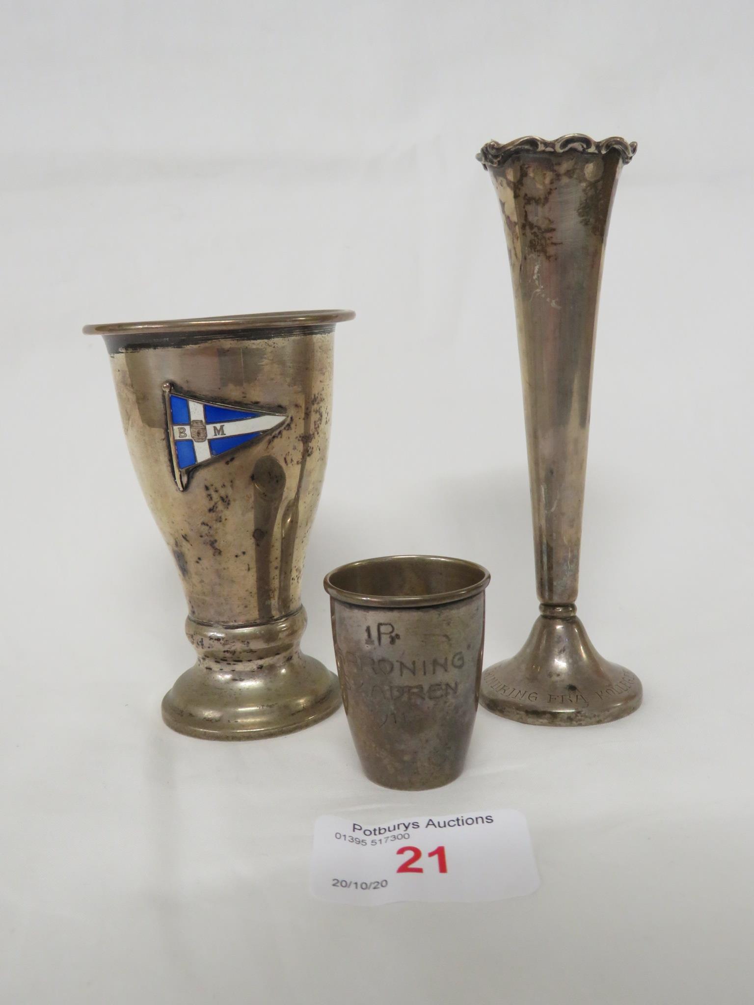 830 WHITE METAL FILLED STEMMED VASE, 830 WHITE METAL BEAKER WITH APPLIED BLUE ENAMELLED FLAG, AND