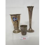 830 WHITE METAL FILLED STEMMED VASE, 830 WHITE METAL BEAKER WITH APPLIED BLUE ENAMELLED FLAG, AND