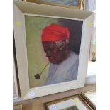 FRAMED OIL ON CANVAS OF WOMAN SMOKING PIPE SIGNED LOWER RIGHT