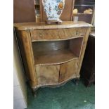 SERPENTINE FRONTED WALNUT VENEERED SIDE CABINET WITH SINGLE DRAWER, RECESS AND TWO CUPBOARD DOORS