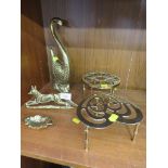 BRASSWARE, TWO TRIVETS, SWAN, FOX AND OAK LEAF DISH