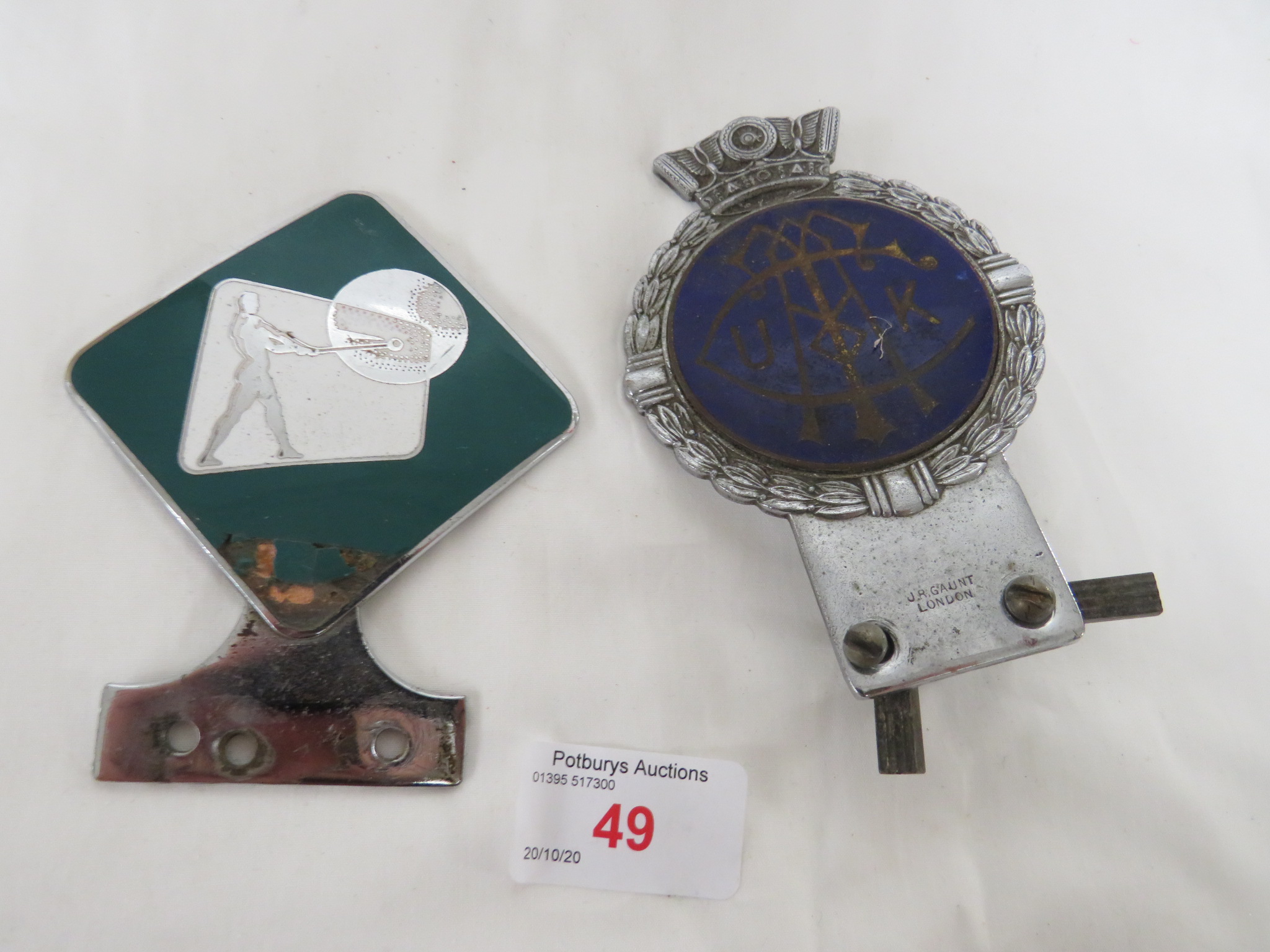 RANK CAR BADGE AND ONE OTHER CAR J R GAUNT CAR BADGE WITH INITIALS