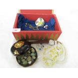 JEWELLERY BOX DECORATED IN RED AND GOLD COLOUR CONTAINING CRYSTAL FACETED NECKLACE, BLUE STONE