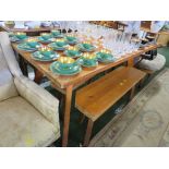 RECTANGULAR PINE KITCHEN TABLE AND A PAIR OF MATCHING BENCHES LABELLED BRANSON