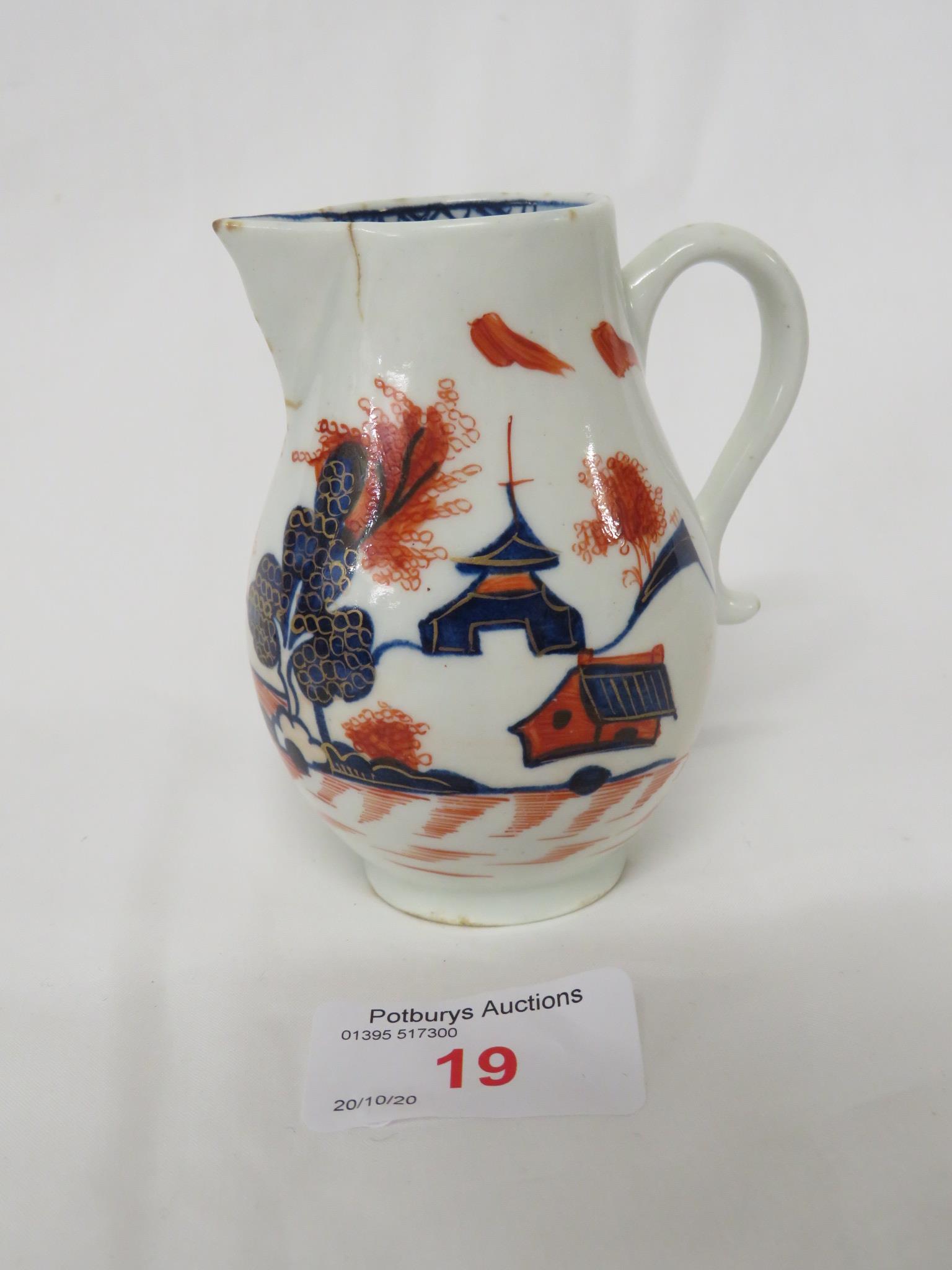 19TH CENTURY SPARROW BEAK JUG DECORATED IN RED, BLUE AND GILT WITH CHINESE GARDEN SCENE