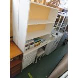 WHITE MELAMINE DESK WITH THREE DRAWERS, UPHOLSTERED STOOL AND TWO MATCHING LOW OPEN BOOK CASES