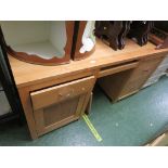 LIGHT WOOD VENEERED DESK WITH CUPBOARD AND THREE DRAWERS (A/F)