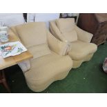 PAIR OF CLUB STYLE PALE GOLD UPHOLSTERED ARMCHAIRS