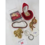 RING STAMPED CZ 925 IN RED COWBOY HAT BOX, AN EXPANDING BRACELET WITH RED GLASS BEADS, ORCHID BROOCH