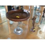 TAZZA WITH HARDWOOD BOWL AND FIGURAL METAL STAND TOGETHER WITH A BRONZED CAST METAL FIGURE OF