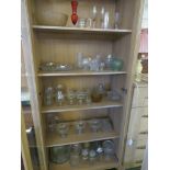 FIVE SHELVES OF GLASSWARE INCLUDING BOWLS, DISHES, JUGS ETC