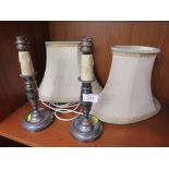 PAIR OF SILVER-PLATED TABLE LAMPS WITH CREAM SHADES (ONE NEEDS RE-WIRING)