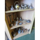 THREE SHELVES OF DECORATIVE BRASS AND METAL WARE