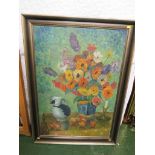 LARGE OIL ON CANVAS STILL LIFE OF FLOWERS WITH PUFFIN JUG, IN A BURNISHED EFFECT FRAME